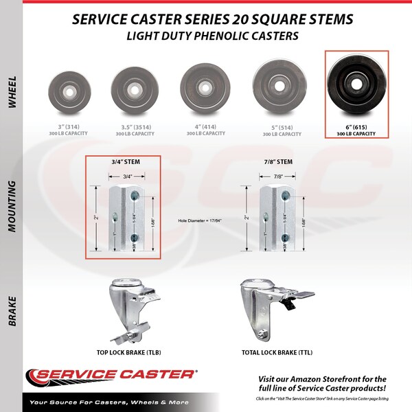 Service Caster 6 Inch Phenolic Wheel Swivel 3/4 Inch Square Stem Caster Total Lock Brakes, 2PK SCC-SQTTL20S615-PHS-34-2-S-2 - main